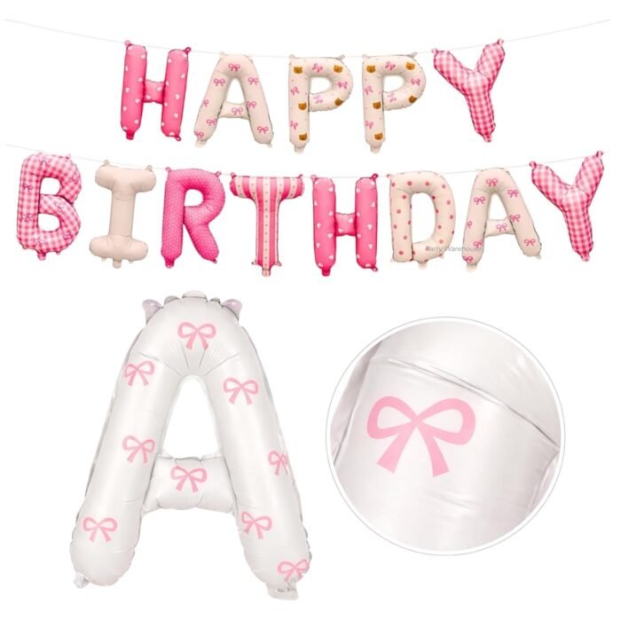 Pink Happy Birthday Letter Foil Balloon Banner – Bow Theme - Image 1