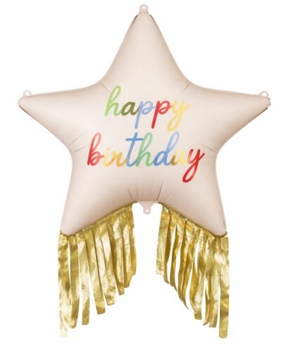 38" Pink Happy Birthday Star Foil Balloon with Gold Fringe Tassel