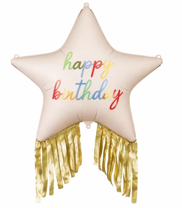 38" Pink Happy Birthday Star Foil Balloon with Gold Fringe Tassel - Image 1