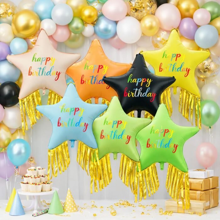 38" Pink Happy Birthday Star Foil Balloon with Gold Fringe Tassel - Image 3