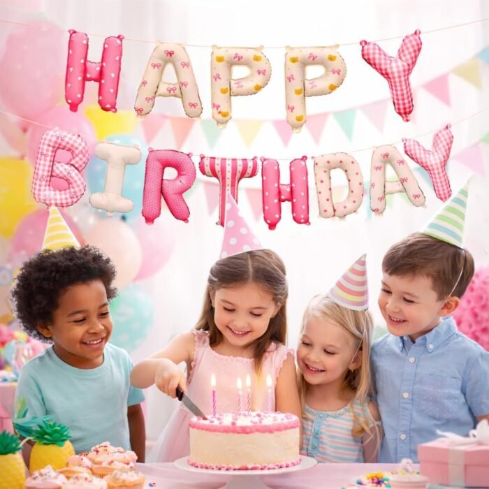 Pink Happy Birthday Letter Foil Balloon Banner – Bow Theme - Image 2