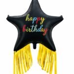 38" Balck Happy Birthday Star Foil Balloon with Gold Fringe Tassel