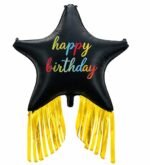 38" Balck Happy Birthday Star Foil Balloon with Gold Fringe Tassel