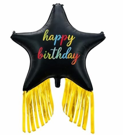 38" Balck Happy Birthday Star Foil Balloon with Gold Fringe Tassel