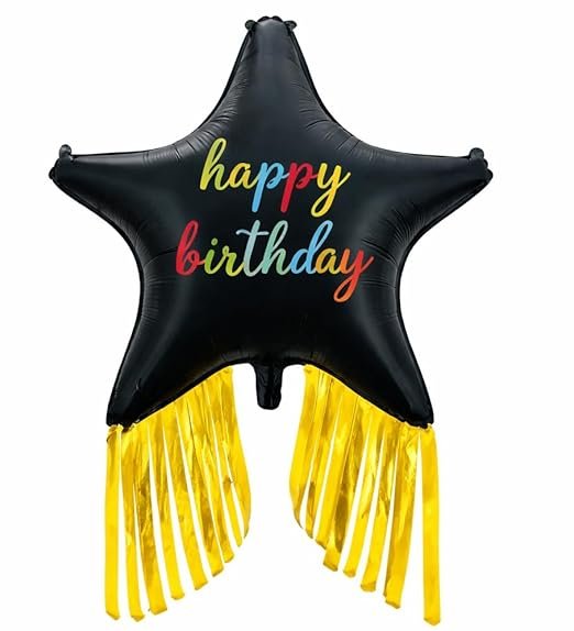 20 38" Balck Happy Birthday Star Foil Balloon with Gold Fringe Tassel - Image 1