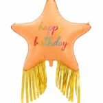 38" Orange Happy Birthday Star Foil Balloon with Gold Fringe Tassel
