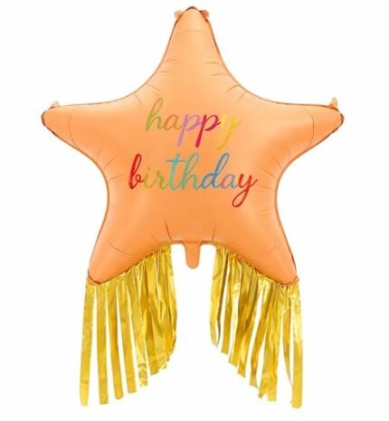 38" Orange Happy Birthday Star Foil Balloon with Gold Fringe Tassel