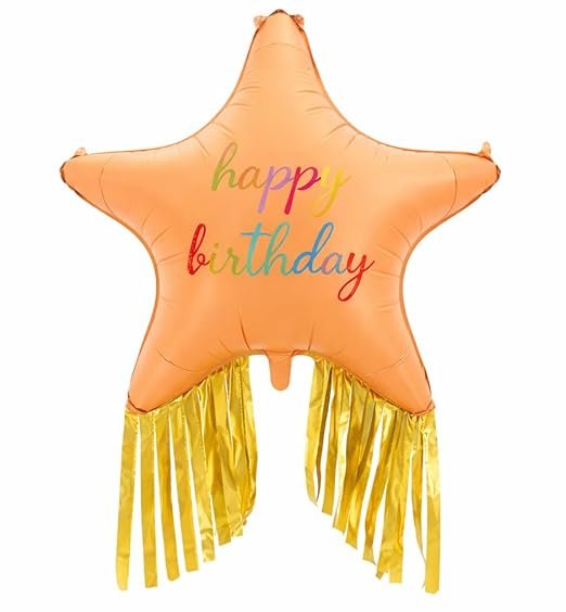 21 38" Orange Happy Birthday Star Foil Balloon with Gold Fringe Tassel - Image 1