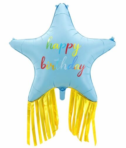 38" Blue Happy Birthday Star Foil Balloon with Gold Fringe Tassel