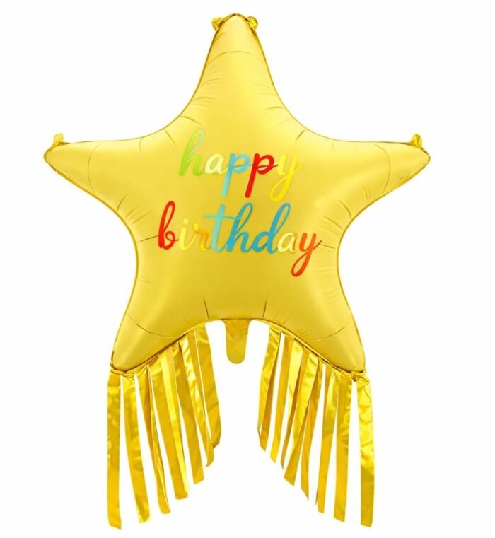 38" Yellow Happy Birthday Star Foil Balloon with Gold Fringe Tassel - Image 1