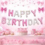 Pink Happy Birthday Letter Foil Balloon Banner – Bow Theme - Image 3