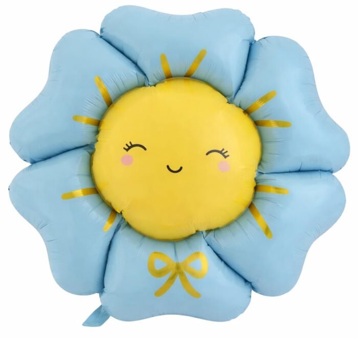 3 65" Cute Smiling Flower Foil Balloon – Pastel Blue Petal & Yellow Face - Image 1
