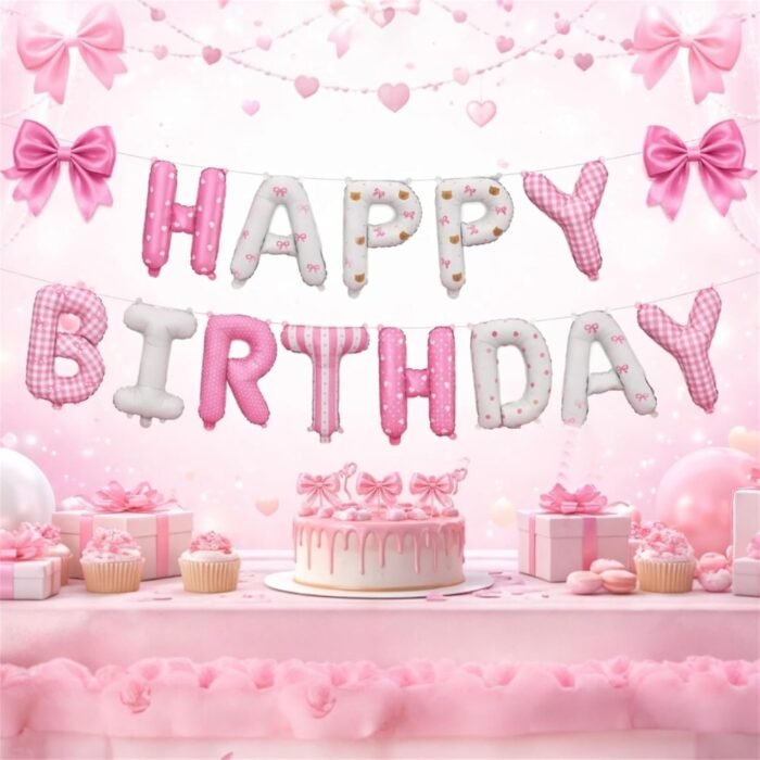 Pink Happy Birthday Letter Foil Balloon Banner – Bow Theme - Image 3