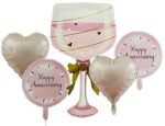 Happy Anniversary Wine Glass & Heart Foil Balloon Set - set of 5
