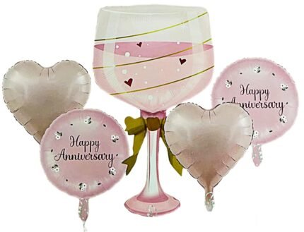 Happy Anniversary Wine Glass & Heart Foil Balloon Set - set of 5