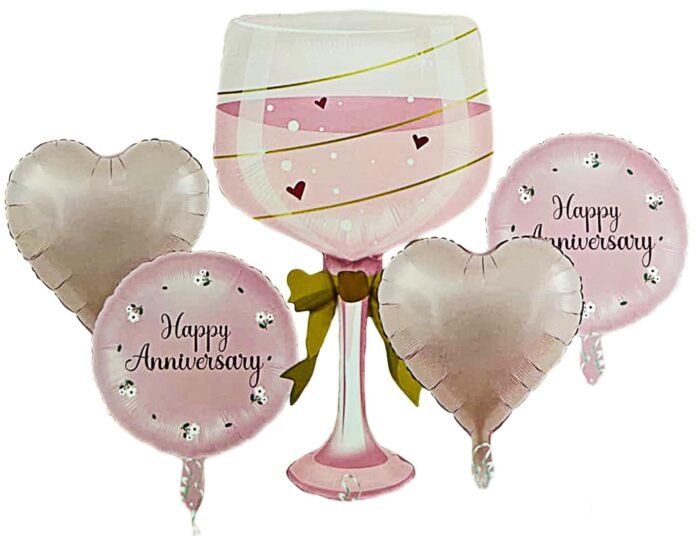 3 Happy Anniversary Wine Glass & Heart Foil Balloon Set - set of 5 - Image 1
