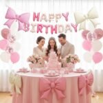 Pink Happy Birthday Letter Foil Balloon Banner – Bow Theme - Image 4