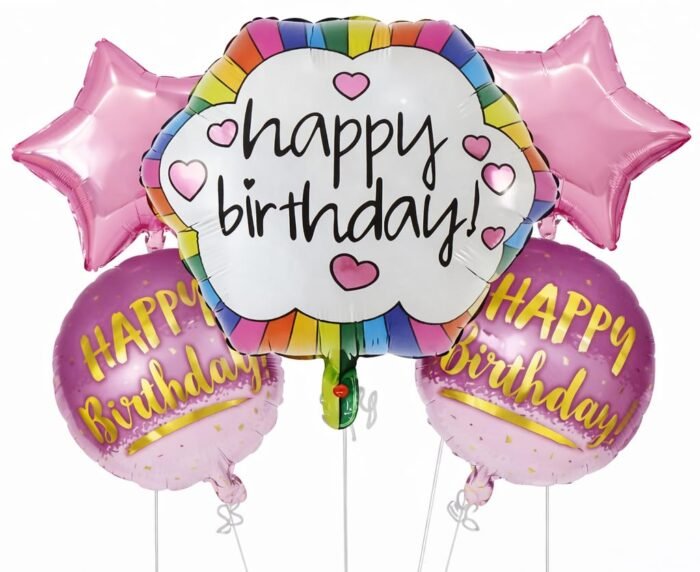 Happy Birthday Foil Balloon Set Of 5 - Pink Star & Round Balloons - Image 1