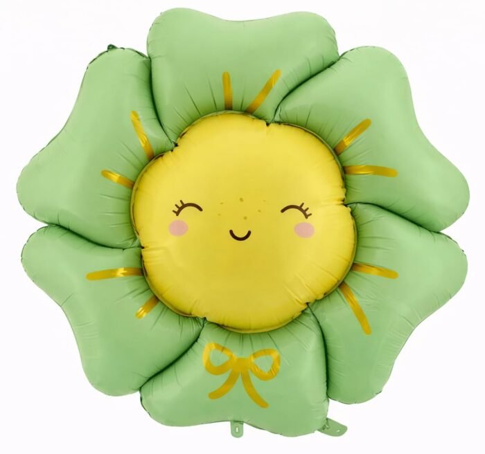 5 65" Cute Smiling Flower Foil Balloon – Green Petal & Yellow Face - Image 1