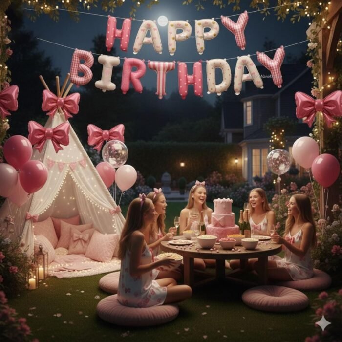 Pink Happy Birthday Letter Foil Balloon Banner – Bow Theme - Image 5