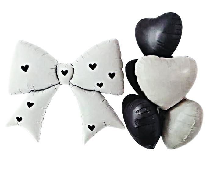 5 Black & White Bow with Heart Foil Balloon - Set of 7 - Image 1