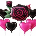 Black and Pink Rose Balloon Set Of 7 - 1 Rose, 3 Pink/Black Heart
