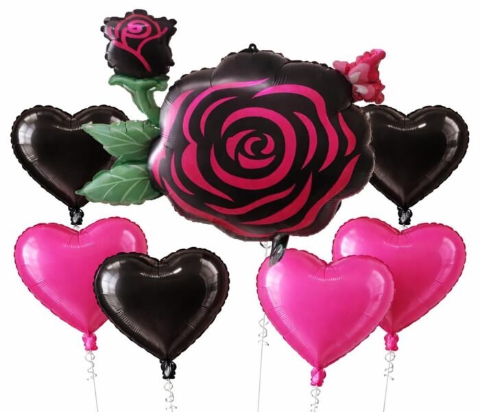Black and Pink Rose Balloon Set Of 7 - 1 Rose, 3 Pink/Black Heart - Image 1