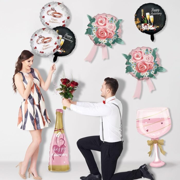 18" Happy Anniversary Round Foil Balloon with Floral Design - Image 3