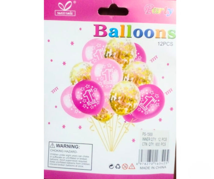 1st Birthday Balloon Set – Pink & Gold Confetti Balloons Party Decoration (12pcs) - Image 6