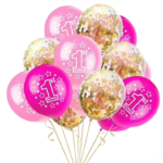 1st Birthday Balloon Set – Pink & Gold Confetti Balloons Party Decoration (12pcs)