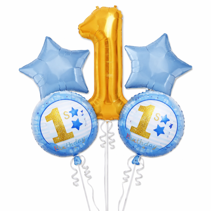 Blue 1st Birthday Balloon Set – Baby Boy Number 1 Foil Balloons - Image 1