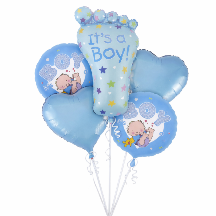 5pcs Blue Foot “It’s a Boy” Party Balloons (Air or Helium Fill) - Image 1