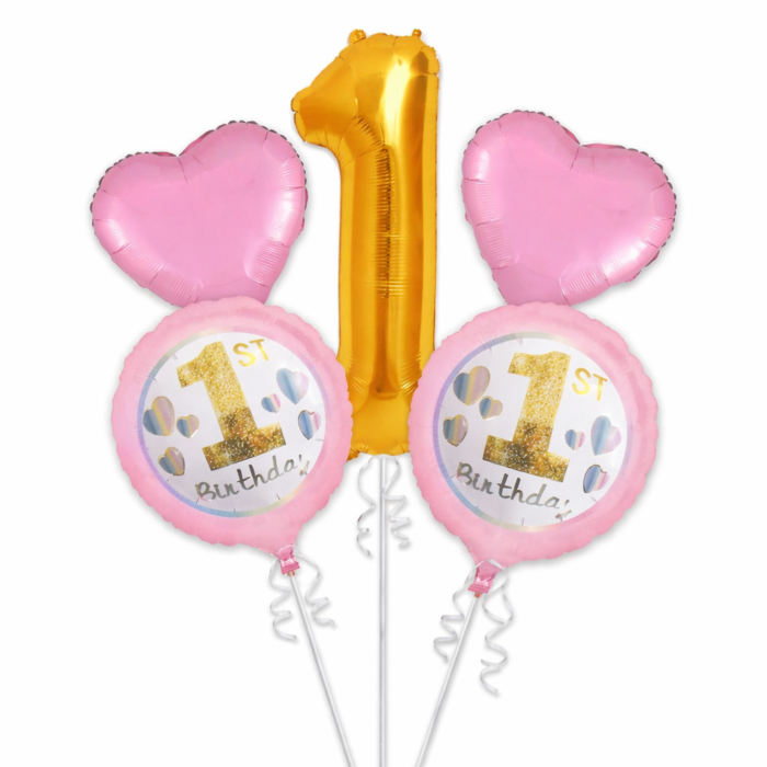 1st Birthday Girl Balloon Set of 5 (Air or Helium Fill) - Image 1