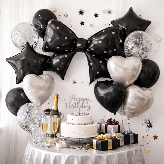 Black Bow & Heart Foil Balloon Set – Party Decoration - Image 2