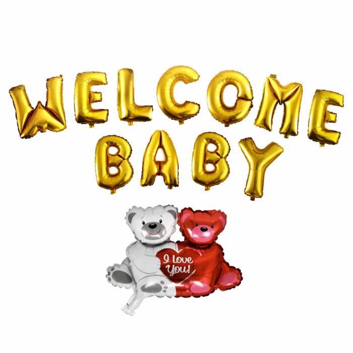 Welcome Baby Foil Balloon Set – Gold Letter Balloons with Teddy Bear Decoration (12pcs) - Image 1