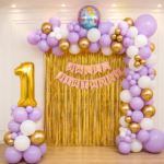 Princess Birthday Balloon Decoration Setup with Arch & Frill Curtain