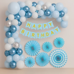 Premium Blue & Silver Wall Balloon Arch with Happy Birthday Banner