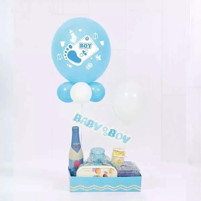 51+P2sD0OaL._SX679_ Baby Boy Gift Hamper Basket with Printed Balloons & treats - Image 1