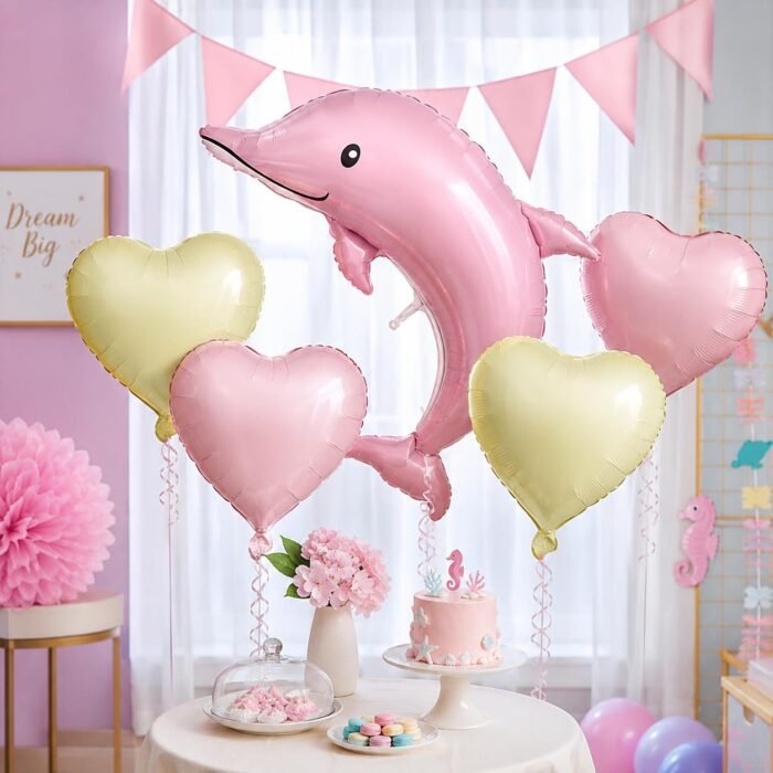 Set of 5 Dolphin Foil Balloon Bouquet | Pink Dolphin & Heart Shape Foil Balloon - Image 2