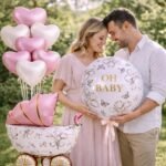 Elevate your baby shower or welcome baby party with this 7-piece pastel pink & cream foil balloon set, featuring a cradle centerpiece and 'Oh Baby' accent balloon. - Image 6