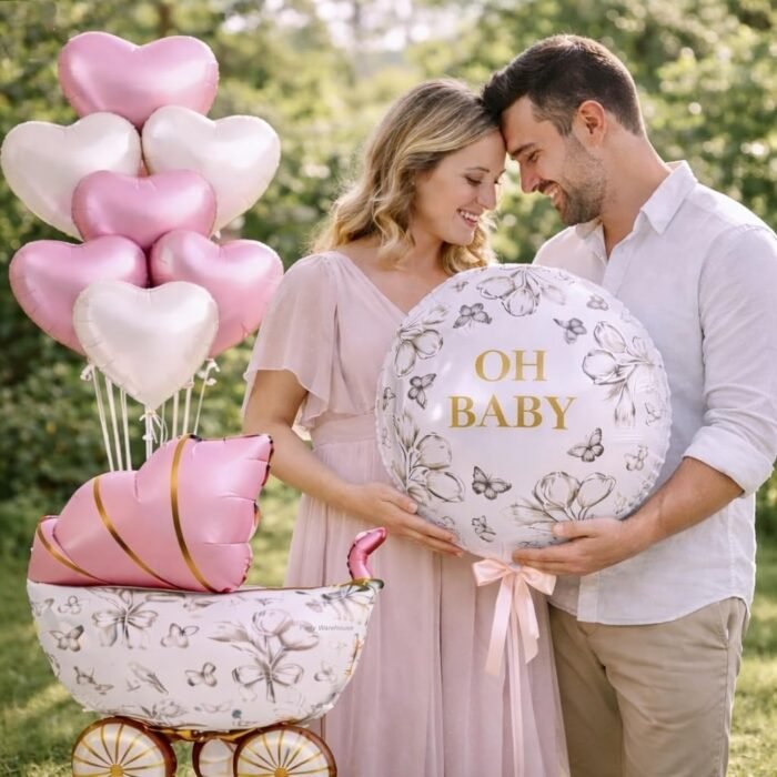 Elevate your baby shower or welcome baby party with this 7-piece pastel pink & cream foil balloon set, featuring a cradle centerpiece and 'Oh Baby' accent balloon. - Image 6