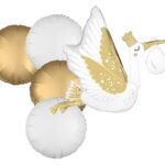 Celebrate baby's arrival with this pack of 5 foil welcome home balloons featuring an elegant gold and white stork design.