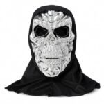 Silver Skull Mask with Black Hood, Metallic Chrome Skeleton Face Mask for Halloween