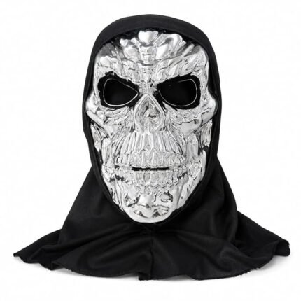 Silver Skull Mask with Black Hood, Metallic Chrome Skeleton Face Mask for Halloween
