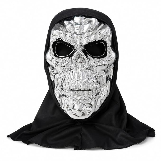 61amCKY7UVL._SX679_ Silver Skull Mask with Black Hood, Metallic Chrome Skeleton Face Mask for Halloween - Image 1
