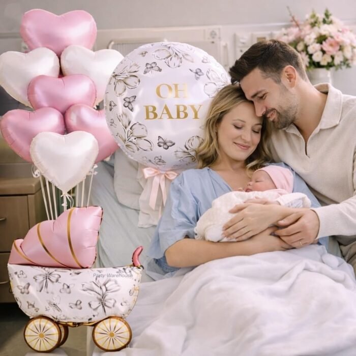 Elevate your baby shower or welcome baby party with this 7-piece pastel pink & cream foil balloon set, featuring a cradle centerpiece and 'Oh Baby' accent balloon. - Image 7