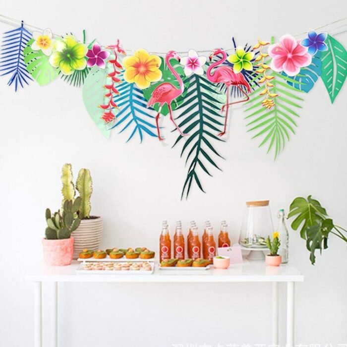 3M Tropical Flamingo Leaves Banner Flower Garland Paper Flag - Image 2