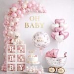 Elevate your baby shower or welcome baby party with this 7-piece pastel pink & cream foil balloon set, featuring a cradle centerpiece and 'Oh Baby' accent balloon. - Image 5