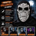 Silver Skull Mask with Black Hood, Metallic Chrome Skeleton Face Mask for Halloween - Image 2