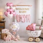 Elevate your baby shower or welcome baby party with this 7-piece pastel pink & cream foil balloon set, featuring a cradle centerpiece and 'Oh Baby' accent balloon. - Image 3